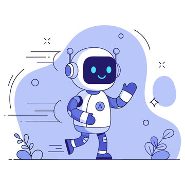Cheerful cartoon robot running with a smile in futuristic background