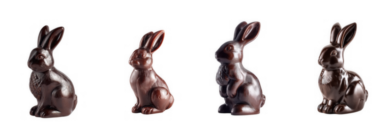 four chocolate bunnies in different poses on transparent background high quality professional detailed modern elegant stylish