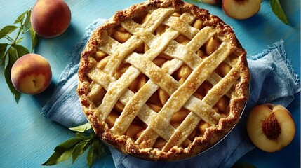 Freshly baked peach pie features a golden brown lattice crust, showcasing juicy peach filling and surrounded by fresh peaches, all resting on a blue tablecloth