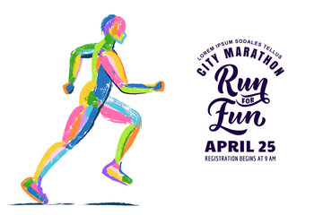 Vector colorful watercolor running man illustration. City marathon, outdoor sport and healthy lifestyle concept