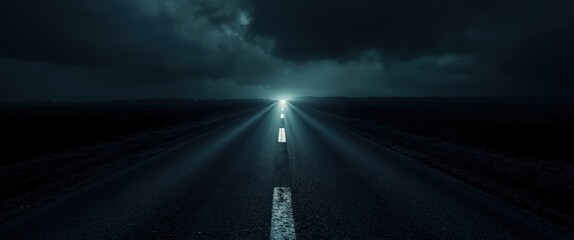 Gloomy Drive: Road Toward Headlights Under Stormy Skies, Dramatic Light