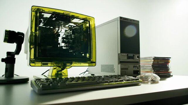 Vibrant Retro Desktop Computer Setup Clear Yellow Monitor Keyboard Mouse Y2K Nineties Nostalgia Personal Computing Hardware