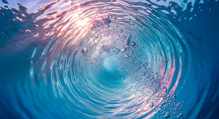 Stunning underwater vortex capturing sunlight, vibrant blue water, and rising bubbles.