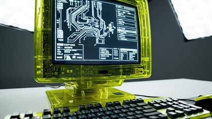 Bright Yellow Transparent Desktop PC Retro Hardware Setup CRT Monitor Screen Displaying Technical Schematic Diagram Nostalgia Computing