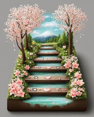 The Success Blueprint for Mindful Leadership, Flat icon of a staircase made of floating checklists and heart-shaped steps, leading toward a glowing mountaintop, with spring blossoms 