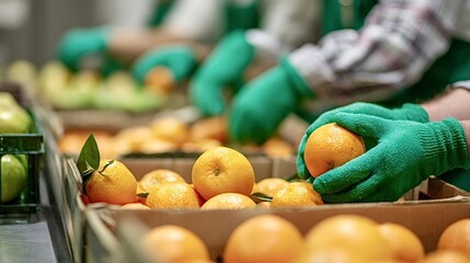 Hands wearing green gloves carefully selecting and packing fresh oranges into cardboard boxes on a processing and sorting line in a food production facility