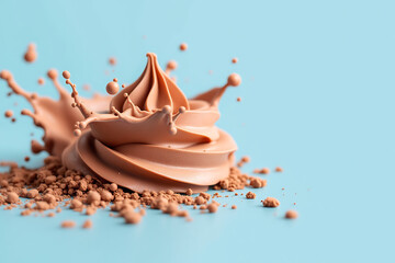 Whipped chocolate mousse swirl with cocoa powder and liquid splashes on blue