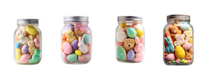 Four glass jars filled with colorful Easter candies and toys on transparent background high quality professional
