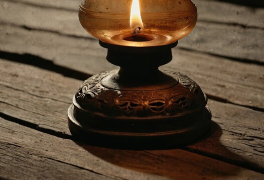sooty and dented antique metal oil lamp base on dusty and scratched attic floorboards, historical macro photography
