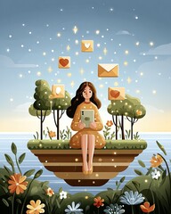 The Success Blueprint for Mindful Leadership, Minimal silhouette studying a floating map surrounded by icons of clarity, vision, discipline, and love, with gentle seasonal wind patterns