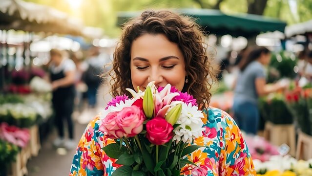 Woman smelling flowers at outdoor market with vibrant blooms