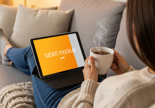 Mockup of woman looking at tablet watching movie
