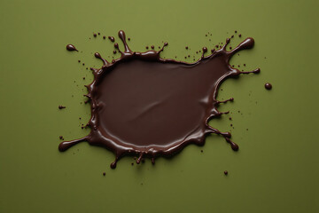 Top View of a Large Chocolate Splatter Puddle on Olive Green Background