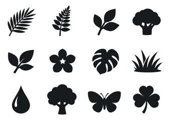 Nature silhouette icon set featuring various plants, a butterfly, and a water drop for environmental design
