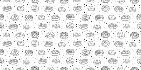 Bakery, pattern. Home baking. Pastries, confectionery, sweets. Cupcakes, donuts, cookies. Dessert with a heart. Set of linear icons, drawing, doodle. Homemade food, cooking. Seamless background.