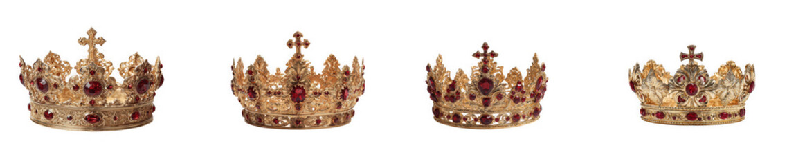 Fototapeta premium a set of four golden crowns with red jewels on transparent background high quality professional detailed