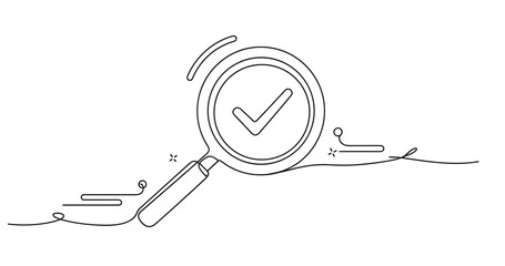 Minimalist line art magnifying glass with checkmark icon, no editable stroke