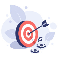 Bullseye target with arrow illustration on abstract background with leaves and gears