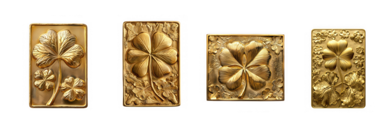 Collection of four golden metal plates with flower designs on transparent background high quality professional detailed
