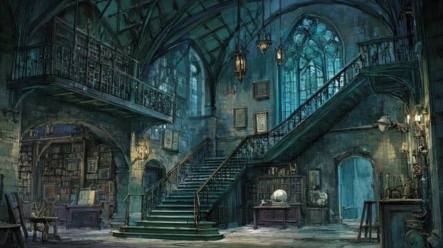 Digital painting of a grand, gothic library with ornate architecture, stairs, and atmospheric lighting