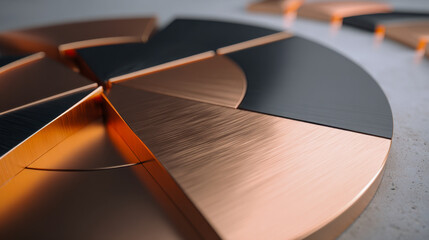 Shiny copper and black metallic pie chart segments arranged on a reflective surface symbolizing business data analysis and financial growth concepts