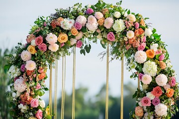 A luxurious circular wedding arch featuring exotic blooms and vibrantly colored cascading flowers, adding a regal touch to the ceremony,