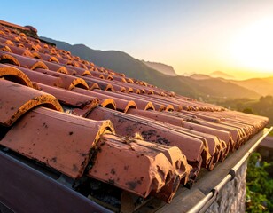 Terracotta tiled roof stretching towards distant mountains at sunset, bathed in golden light