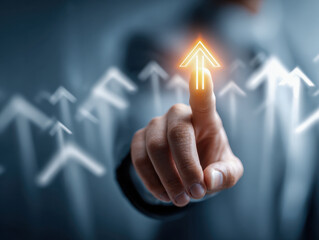 Businessman pressing a glowing upward arrow symbolizing growth and success in a futuristic virtual interface with multiple arrows pointing forward and upward