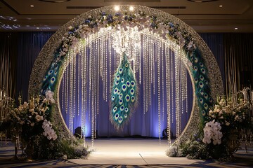 A majestic circular wedding arch adorned with cascading crystals and peacock feathers, adding a regal touch to the ceremony,
