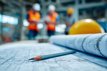 Architectural pencil and blueprints on table in construction site with engineers in safety vests discussing building plans in background