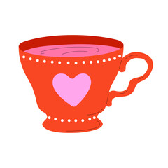 Cute illustration of a red cup with a pink heart. Symbol of love, warmth, care, and cozy feelings, perfect for Valentine&rsquo;s Day, romantic concepts, and cute design projects. Isolated vector.