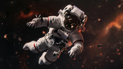 Fototapeta premium An astronaut floating in space among planets and stars, illuminated by sunlight, cosmic beauty and the concept of exploration.