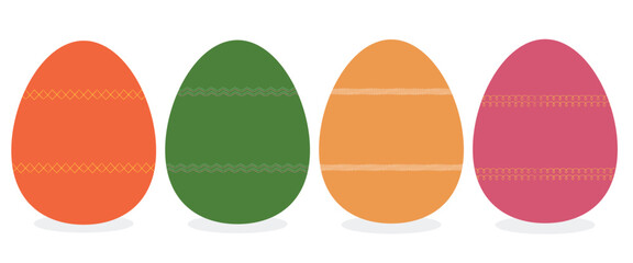 Fototapeta premium Four vibrant decorated Easter eggs lined up in a row, featuring modern geometric patterns and bright spring colors. Isolated vector illustration for spring holiday design.