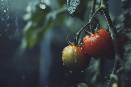 Fresh tomatoes hang on a vine after rain in a garden, showcasing their vibrant colors and droplets of water 