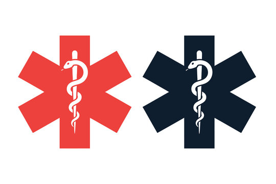 Red and black medical star of life symbols on for medical concepts