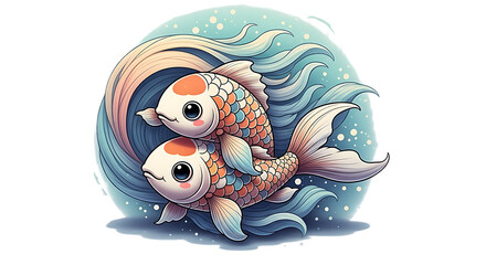 Stylized Digital Illustration of Two Colorful Koi Fish Swimming in Harmonious Circle