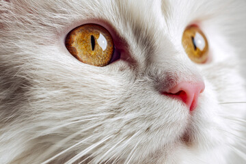 Close-up of a white cat?s face showcasing vivid amber eyes and soft pink nose with detailed fur texture in sharp focus against a blurred background