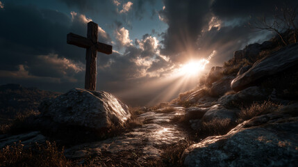 Drewniany krzyż na skalistym wzg&oacute;rzu o dramatycznym zachodzie słońca