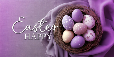 Gniazdo pastelowych pisanek z napisem Happy Easter na fioletowo