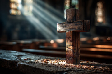 Drewniany krzyż na ołtarzu z promieniami światła w katedrze bokeh