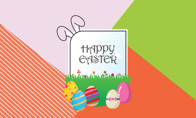 Happy Easter greeting card banner with colorful decorated eggs, bunny ears, and spring grass on a modern geometric background.
