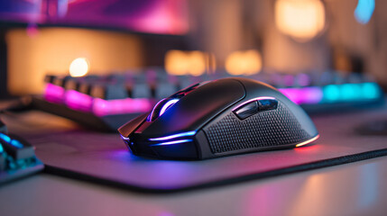 Gaming computer mouse with rgb lighting on mousepad with colorful illuminated keyboard in ambient low light setup for immersive experience