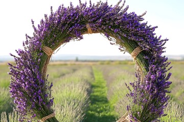 A picturesque circular wedding arch adorned with fragrant lavender bunches and rustic twine for a charming countryside feel,