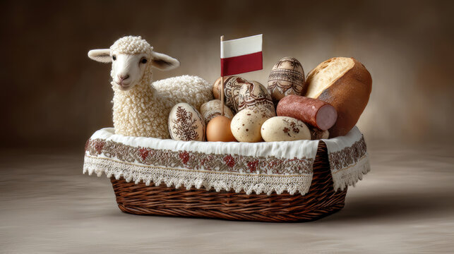 Koszyk ze świątecznymi produktami, barankiem i flagą Polski