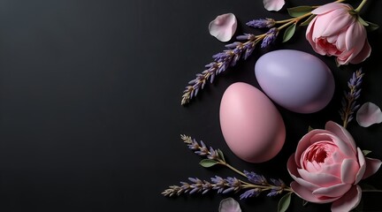 Dreamy Pastel Easter Flat Lay with Lilac & Pink Eggs on Black Background