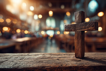 Drewniany krzyż na drewnie z rozmytym wnętrzem katedry bokeh