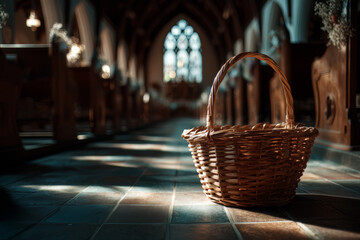 Wiklinowy kosz wielkanocny w gotyckiej katedrze na święcenie