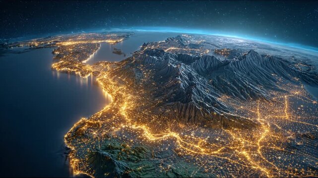 Aerial view of Earth at night. Illuminated city lights and starry night sky create a beautiful scene