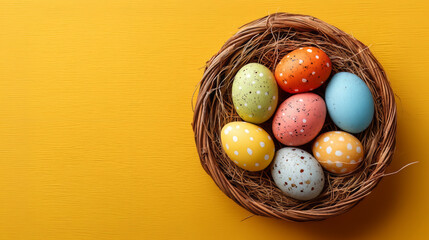 Kolorowe pisanki w wiklinowym koszu na ż&oacute;łtym tle Wielkanoc