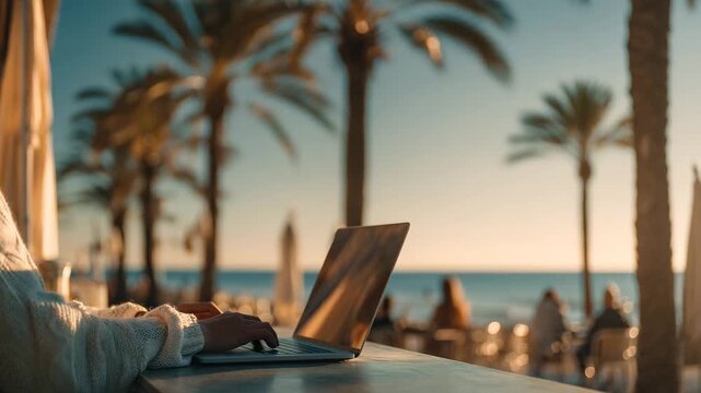 Ultra HD Person working on laptop at a beachside cafe with palm trees and ocean at sunset, embodying remote work and digital nomad lifestyle video